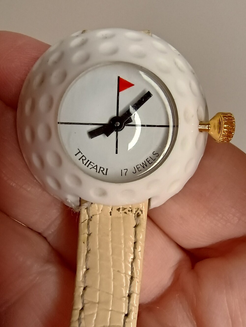 Rare Trifari 17 Jewels Golf Ball Novelty Watch Leather Mechanical As-Is Vintage